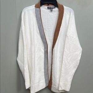 White and Brown Cardigan with Color-Blocked Collar